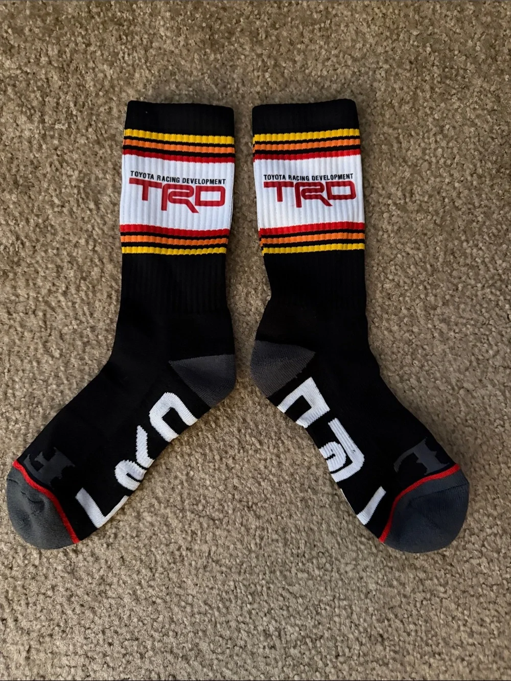 TRD Black Crew Socks with Red & Yellow Stripe Accents